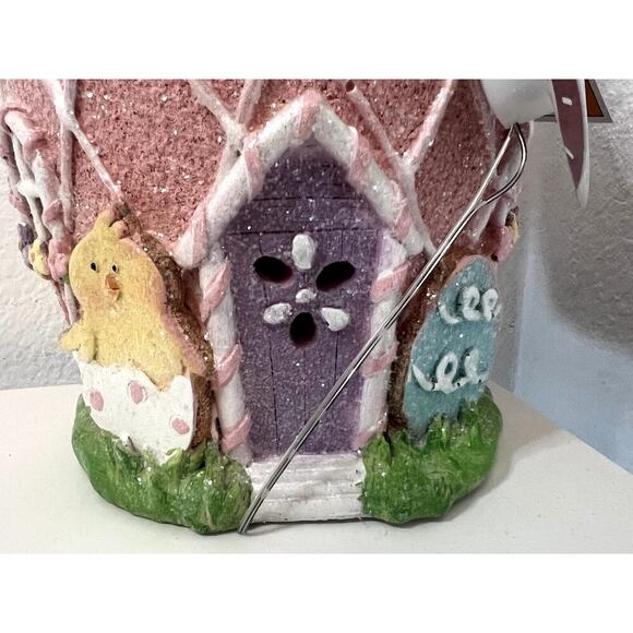EASTER CUPCAKE Pastel Led Light-Up Gingerbread House, With Glitter and Pink Bow - Picture 3 of 6